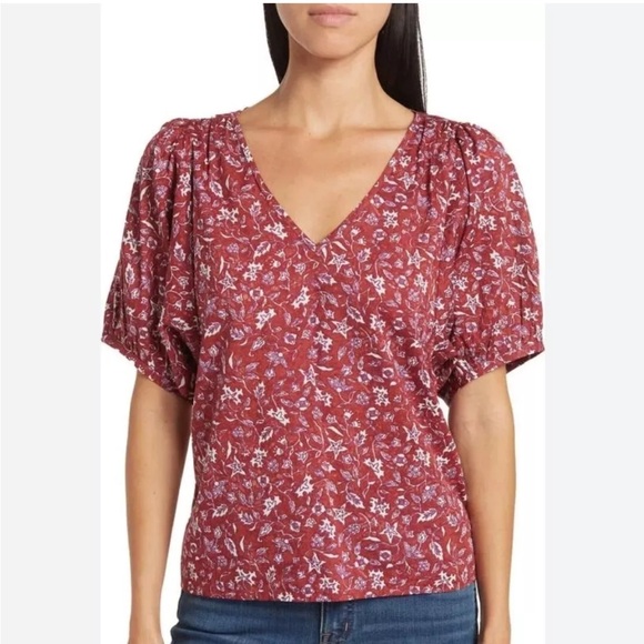 Madewell Tops - Madewell Red Floral Puff Sleeve V Neck Cotton‎ Blouse Top Size XS